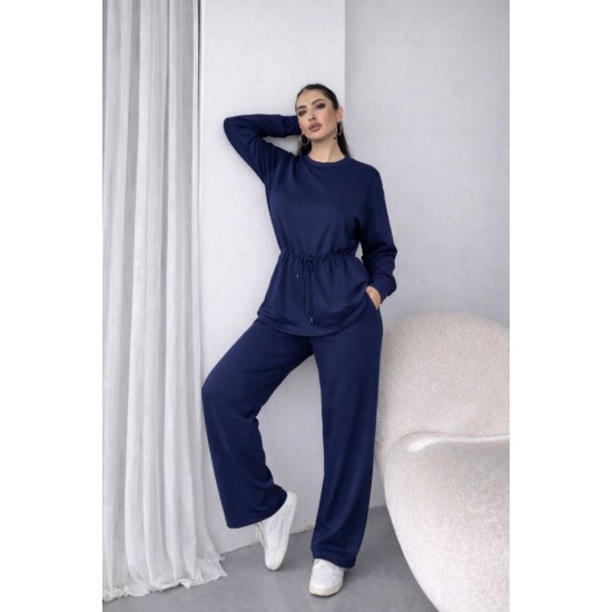 Kadın Uzun Kollu Bisiklet Yaka Belden Büzgülü Bağcıklı Viskon Iki Iplik Bluz Ve Pantolon Ikili Takım , 32057