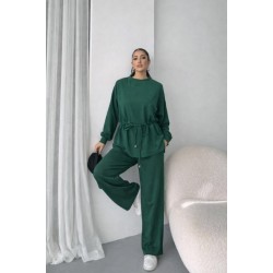 Kadın Uzun Kollu Bisiklet Yaka Belden Büzgülü Bağcıklı Viskon Iki Iplik Bluz Ve Pantolon Ikili Takım , 32056