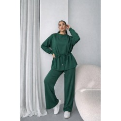 Kadın Uzun Kollu Bisiklet Yaka Belden Büzgülü Bağcıklı Viskon Iki Iplik Bluz Ve Pantolon Ikili Takım , 32056