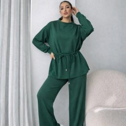 Kadın Uzun Kollu Bisiklet Yaka Belden Büzgülü Bağcıklı Viskon Iki Iplik Bluz Ve Pantolon Ikili Takım , 32056