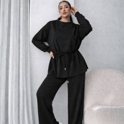 Kadın Uzun Kollu Bisiklet Yaka Belden Büzgülü Bağcıklı Viskon Iki Iplik Bluz Ve Pantolon Ikili Takım , 32055