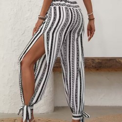 Kadın Yüksek Bel Desenli Paçadan Bağlamalı Yanları Yırtmaçlı Süprem Pantolon , 32052 Kadın Yüksek Bel Desenli Paçadan Bağlamalı Yanları Yırtmaçlı Süprem Pantolon , 32052