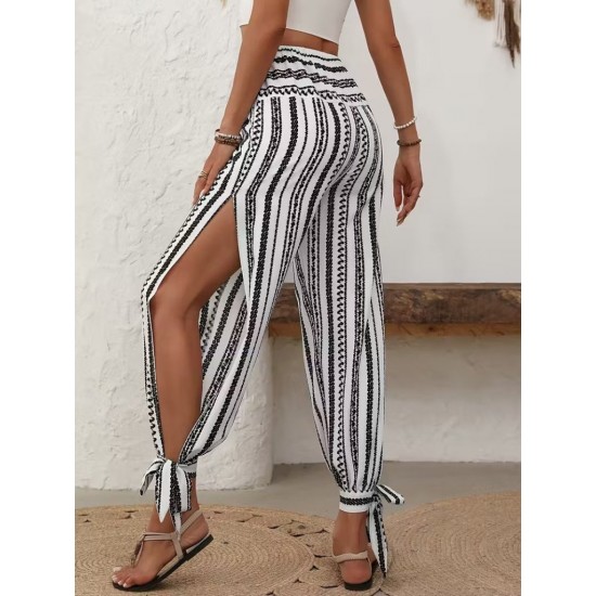 Kadın Yüksek Bel Desenli Paçadan Bağlamalı Yanları Yırtmaçlı Süprem Pantolon , 32052 Kadın Yüksek Bel Desenli Paçadan Bağlamalı Yanları Yırtmaçlı Süprem Pantolon , 32052