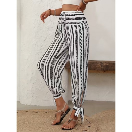 Kadın Yüksek Bel Desenli Paçadan Bağlamalı Yanları Yırtmaçlı Süprem Pantolon , 32052 Kadın Yüksek Bel Desenli Paçadan Bağlamalı Yanları Yırtmaçlı Süprem Pantolon , 32052