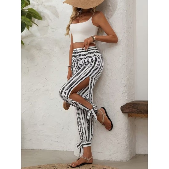 Kadın Yüksek Bel Desenli Paçadan Bağlamalı Yanları Yırtmaçlı Süprem Pantolon , 32052 Kadın Yüksek Bel Desenli Paçadan Bağlamalı Yanları Yırtmaçlı Süprem Pantolon , 32052