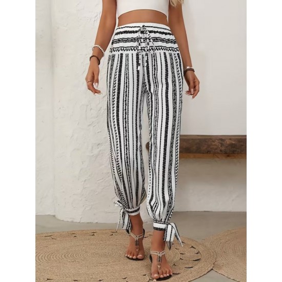 Kadın Yüksek Bel Desenli Paçadan Bağlamalı Yanları Yırtmaçlı Süprem Pantolon , 32052 Kadın Yüksek Bel Desenli Paçadan Bağlamalı Yanları Yırtmaçlı Süprem Pantolon , 32052