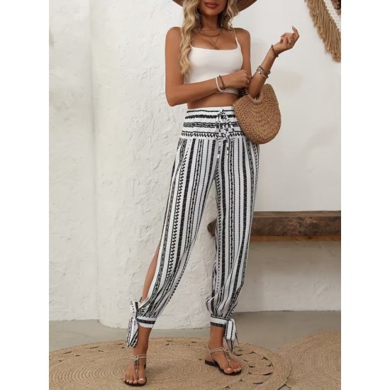 Kadın Yüksek Bel Desenli Paçadan Bağlamalı Yanları Yırtmaçlı Süprem Pantolon , 32052 Kadın Yüksek Bel Desenli Paçadan Bağlamalı Yanları Yırtmaçlı Süprem Pantolon , 32052