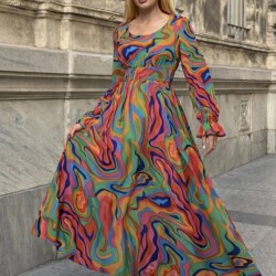 Kadın Uzun Kollu V Yakalı Desenli Maxi Süprem Elbise, 32051 Kadın Uzun Kollu V Yakalı Desenli Maxi Süprem Elbise, 32051