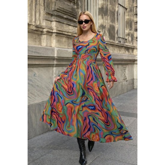 Kadın Uzun Kollu V Yakalı Desenli Maxi Süprem Elbise, 32051