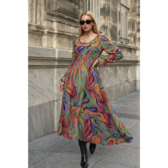 Kadın Uzun Kollu V Yakalı Desenli Maxi Süprem Elbise, 32051