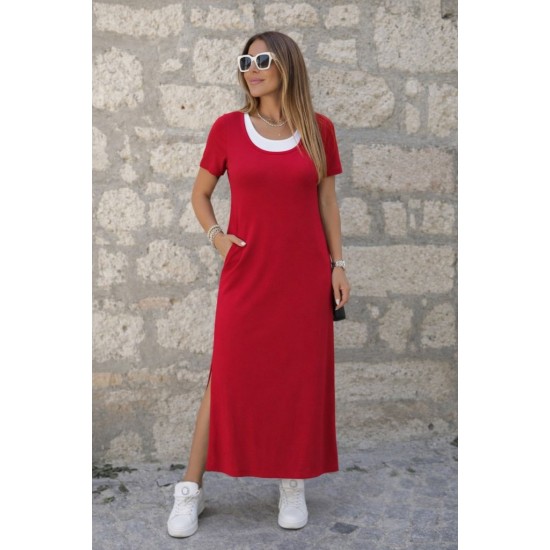 Kadın Kısa Kollu Içi Atlet Görünümlü Yandan Yırtmaçlı Uzun Viskon Elbise , 32016