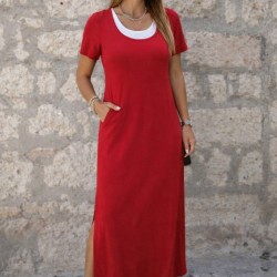 Kadın Kısa Kollu Içi Atlet Görünümlü Yandan Yırtmaçlı Uzun Viskon Elbise , 32016 Kadın Kısa Kollu Içi Atlet Görünümlü Yandan Yırtmaçlı Uzun Viskon Elbise , 32016