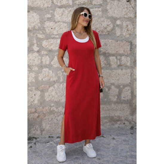 Kadın Kısa Kollu Içi Atlet Görünümlü Yandan Yırtmaçlı Uzun Viskon Elbise , 32016