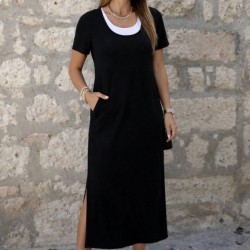 Kadın Kısa Kollu Içi Atlet Görünümlü Yandan Yırtmaçlı Uzun Viskon Elbise , 32008 Kadın Kısa Kollu Içi Atlet Görünümlü Yandan Yırtmaçlı Uzun Viskon Elbise , 32008