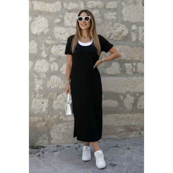 Kadın Kısa Kollu Içi Atlet Görünümlü Yandan Yırtmaçlı Uzun Viskon Elbise , 32008 Kadın Kısa Kollu Içi Atlet Görünümlü Yandan Yırtmaçlı Uzun Viskon Elbise , 32008