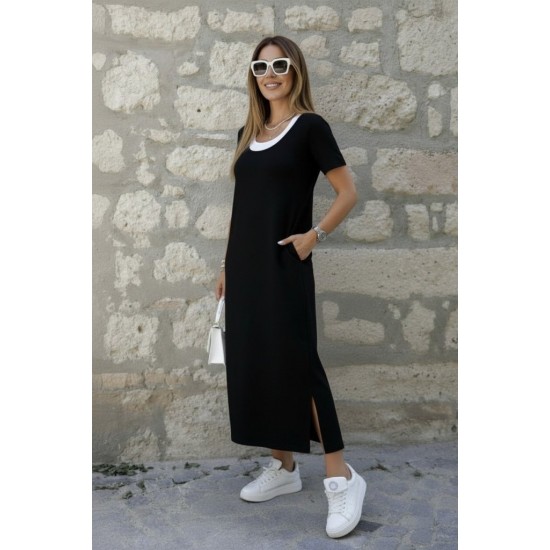 Kadın Kısa Kollu Içi Atlet Görünümlü Yandan Yırtmaçlı Uzun Viskon Elbise , 32008 Kadın Kısa Kollu Içi Atlet Görünümlü Yandan Yırtmaçlı Uzun Viskon Elbise , 32008