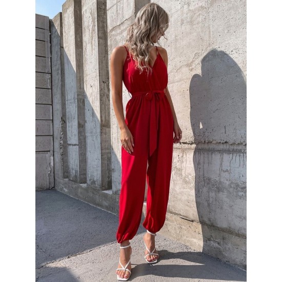 Kadın Ip Askılı Kruvaze Yakalı Belden Kuşaklı Uzun Sandy Tulum, 32061