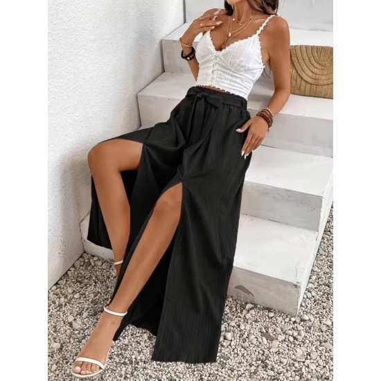 Kadın Yüksek Bel önden Pileli Yırtmaçlı Belden Bağlamalı Uzun Bürümcük Pantolon , 32062