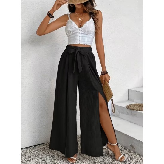 Kadın Yüksek Bel önden Pileli Yırtmaçlı Belden Bağlamalı Uzun Bürümcük Pantolon , 32062