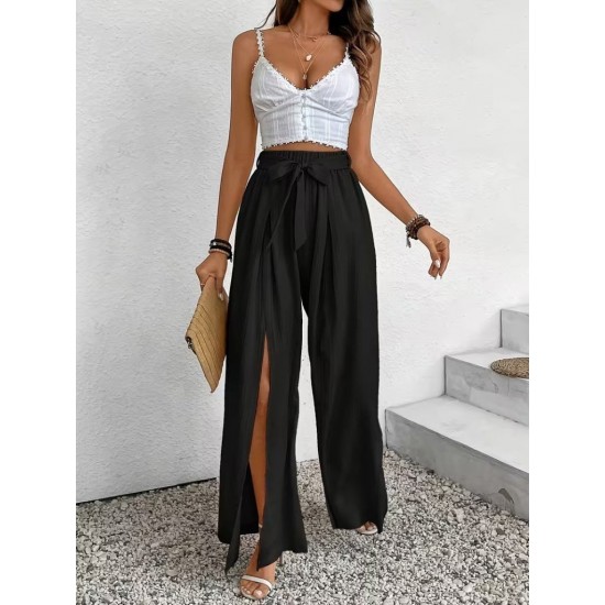 Kadın Yüksek Bel önden Pileli Yırtmaçlı Belden Bağlamalı Uzun Bürümcük Pantolon , 32062