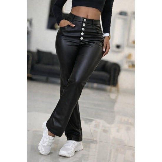 Kadın Yüksek Bel önden Düğmeli Deri Pantolon , 32065