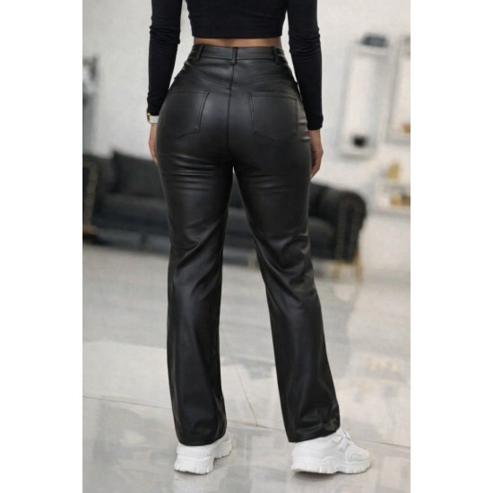 Kadın Yüksek Bel önden Düğmeli Deri Pantolon , 32065