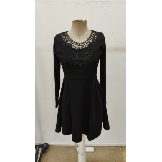 Kadın Uzun Kollu Yakası Dantelli Mini Ithal Krep Elbise , 32064