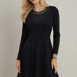 Kadın Uzun Kollu Yakası Dantelli Mini Ithal Krep Elbise , 32064