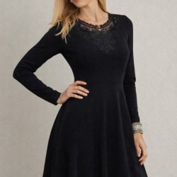 Kadın Uzun Kollu Yakası Dantelli Mini Ithal Krep Elbise , 32064