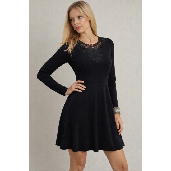 Kadın Uzun Kollu Yakası Dantelli Mini Ithal Krep Elbise , 32064