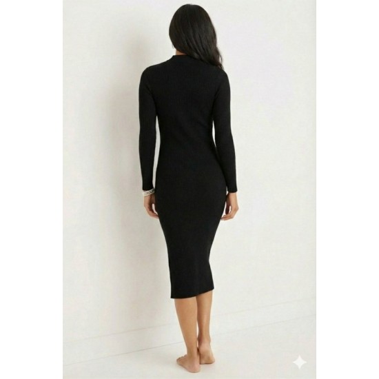 Kadın Uzun Kollu Balıkçı Yakalı Yanlardan Yırtmaçlı Kaşkorse Maxi Elbise , 32075