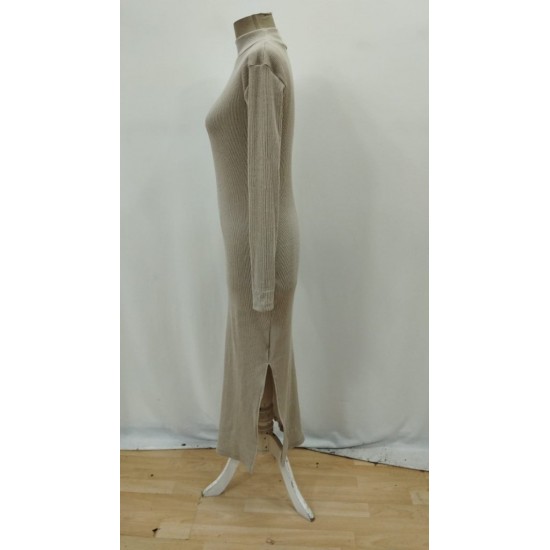 Kadın Uzun Kollu Balıkçı Yakalı Yanlardan Yırtmaçlı Kaşkorse Maxi Elbise , 32074