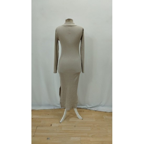 Kadın Uzun Kollu Balıkçı Yakalı Yanlardan Yırtmaçlı Kaşkorse Maxi Elbise , 32074