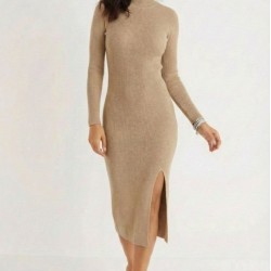 Kadın Uzun Kollu Balıkçı Yakalı Yanlardan Yırtmaçlı Kaşkorse Maxi Elbise , 32074