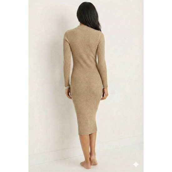 Kadın Uzun Kollu Balıkçı Yakalı Yanlardan Yırtmaçlı Kaşkorse Maxi Elbise , 32074