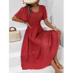 Kadın Kısa Kollu V Yakalı Beli Lastikli Midi Süprem Elbise , 32086