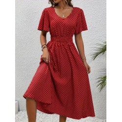 Kadın Kısa Kollu V Yakalı Beli Lastikli Midi Süprem Elbise , 32086 Kadın Kısa Kollu V Yakalı Beli Lastikli Midi Süprem Elbise , 32086