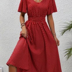 Kadın Kısa Kollu V Yakalı Beli Lastikli Midi Süprem Elbise , 32086