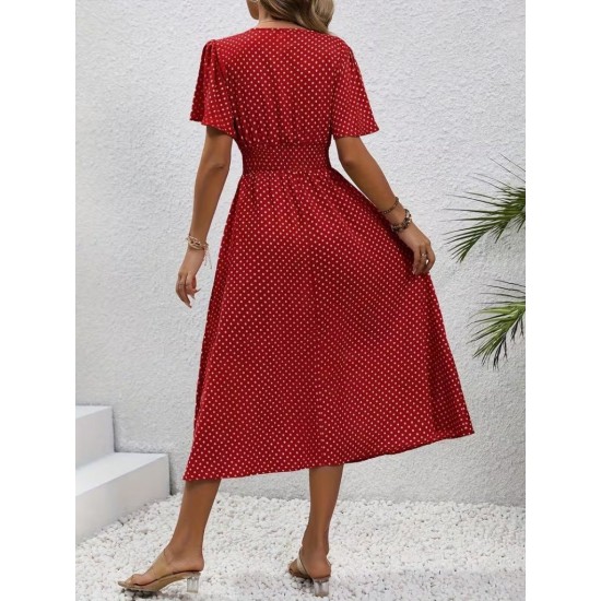 Kadın Kısa Kollu V Yakalı Beli Lastikli Midi Süprem Elbise , 32086