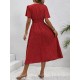 Kadın Kısa Kollu V Yakalı Beli Lastikli Midi Süprem Elbise , 32086