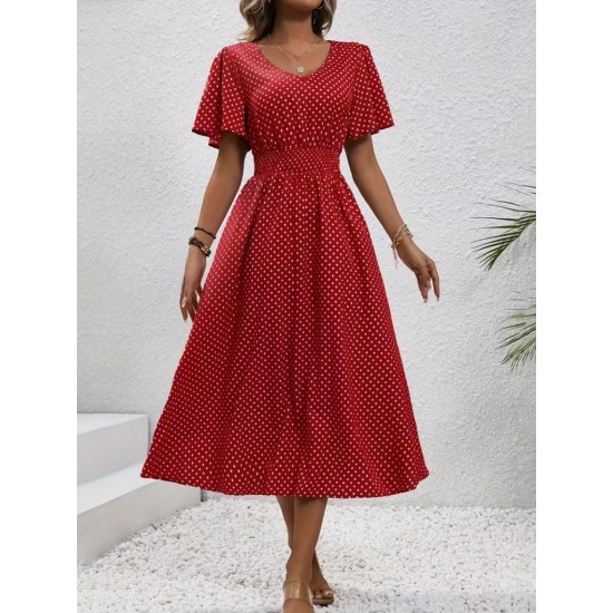 Kadın Kısa Kollu V Yakalı Beli Lastikli Midi Süprem Elbise , 32086