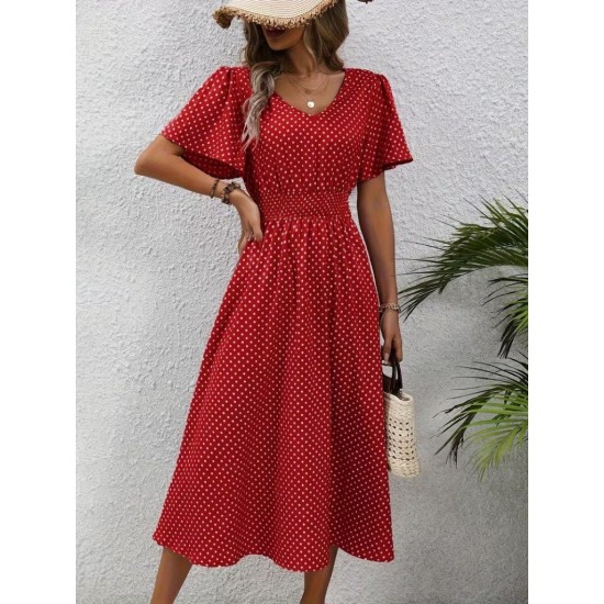 Kadın Kısa Kollu V Yakalı Beli Lastikli Midi Süprem Elbise , 32086