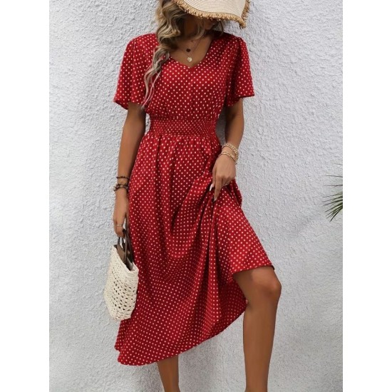 Kadın Kısa Kollu V Yakalı Beli Lastikli Midi Süprem Elbise , 32086