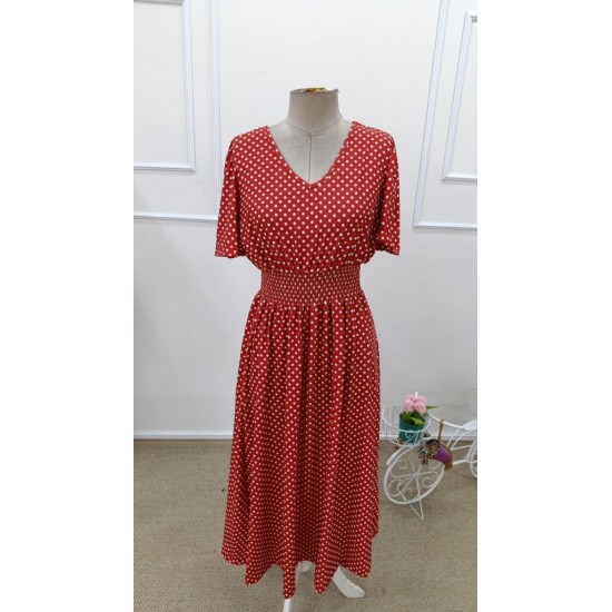 Kadın Kısa Kollu V Yakalı Beli Lastikli Midi Süprem Elbise , 32086