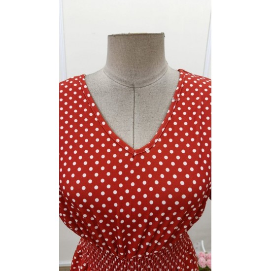 Kadın Kısa Kollu V Yakalı Beli Lastikli Midi Süprem Elbise , 32086