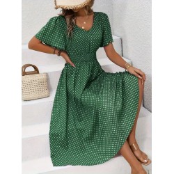 Kadın Kısa Kollu V Yakalı Beli Lastikli Midi Süprem Elbise , 32085