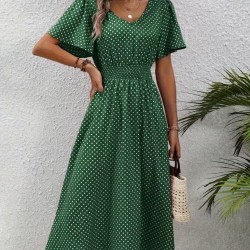 Kadın Kısa Kollu V Yakalı Beli Lastikli Midi Süprem Elbise , 32085