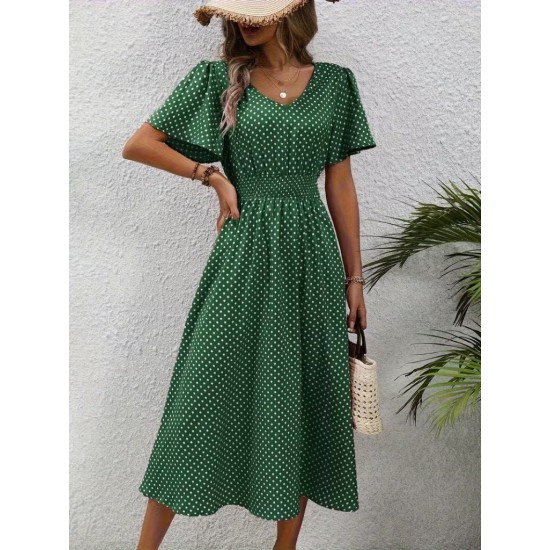 Kadın Kısa Kollu V Yakalı Beli Lastikli Midi Süprem Elbise , 32085