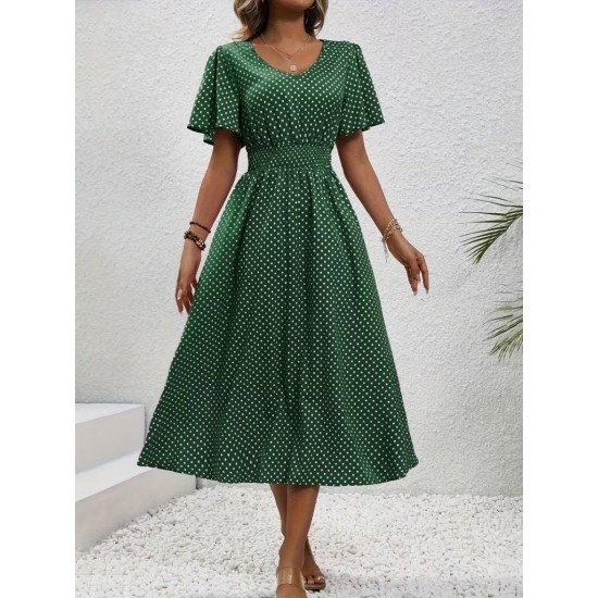 Kadın Kısa Kollu V Yakalı Beli Lastikli Midi Süprem Elbise , 32085