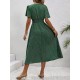 Kadın Kısa Kollu V Yakalı Beli Lastikli Midi Süprem Elbise , 32085